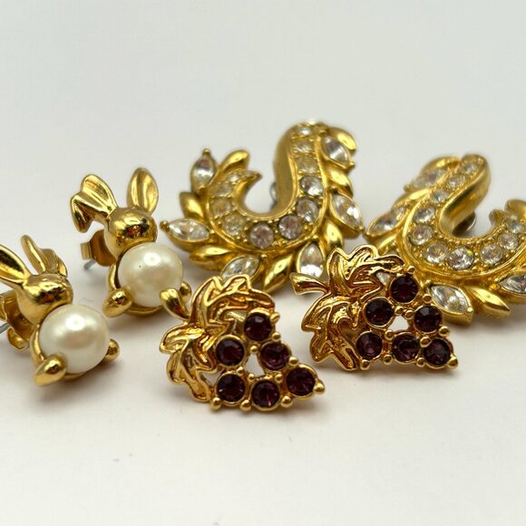 Vintage AVON 3 Pair Rhinestone Pierced Earrings Gold Tone 1990s Bundle - Picture 6 of 9